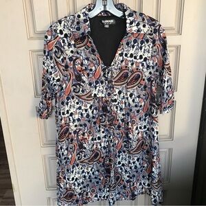 Tunic Top Sz6 Short Sleeve Lined Paisley V Neck Earth Tones